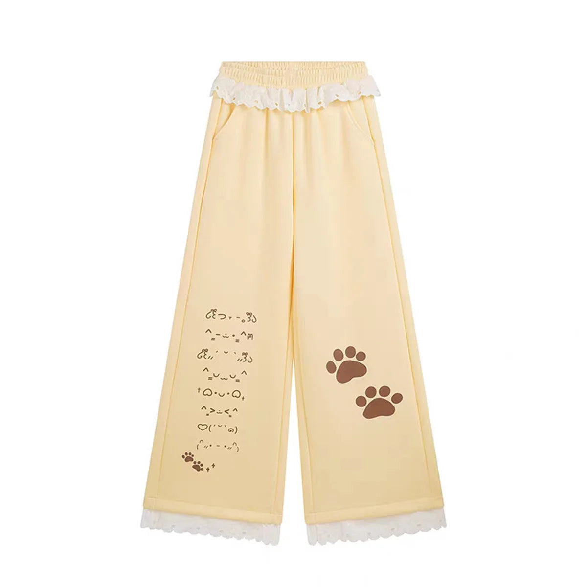 Women's Wide Leg Pants with Paw Prints and Lace Waist Trim