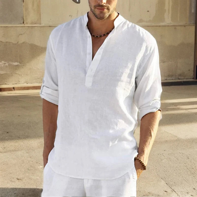 Men's Long-Sleeve Stand-Collar Pullover Shirt with Partial Button Front for Casual Outfits