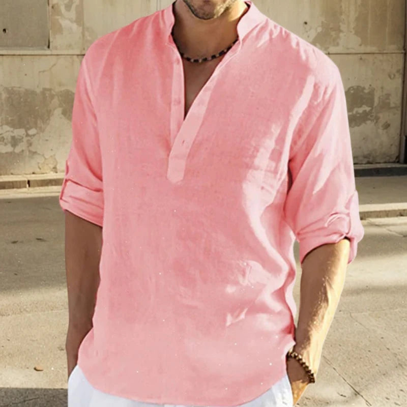 Men's Long-Sleeve Stand-Collar Pullover Shirt with Partial Button Front for Casual Outfits