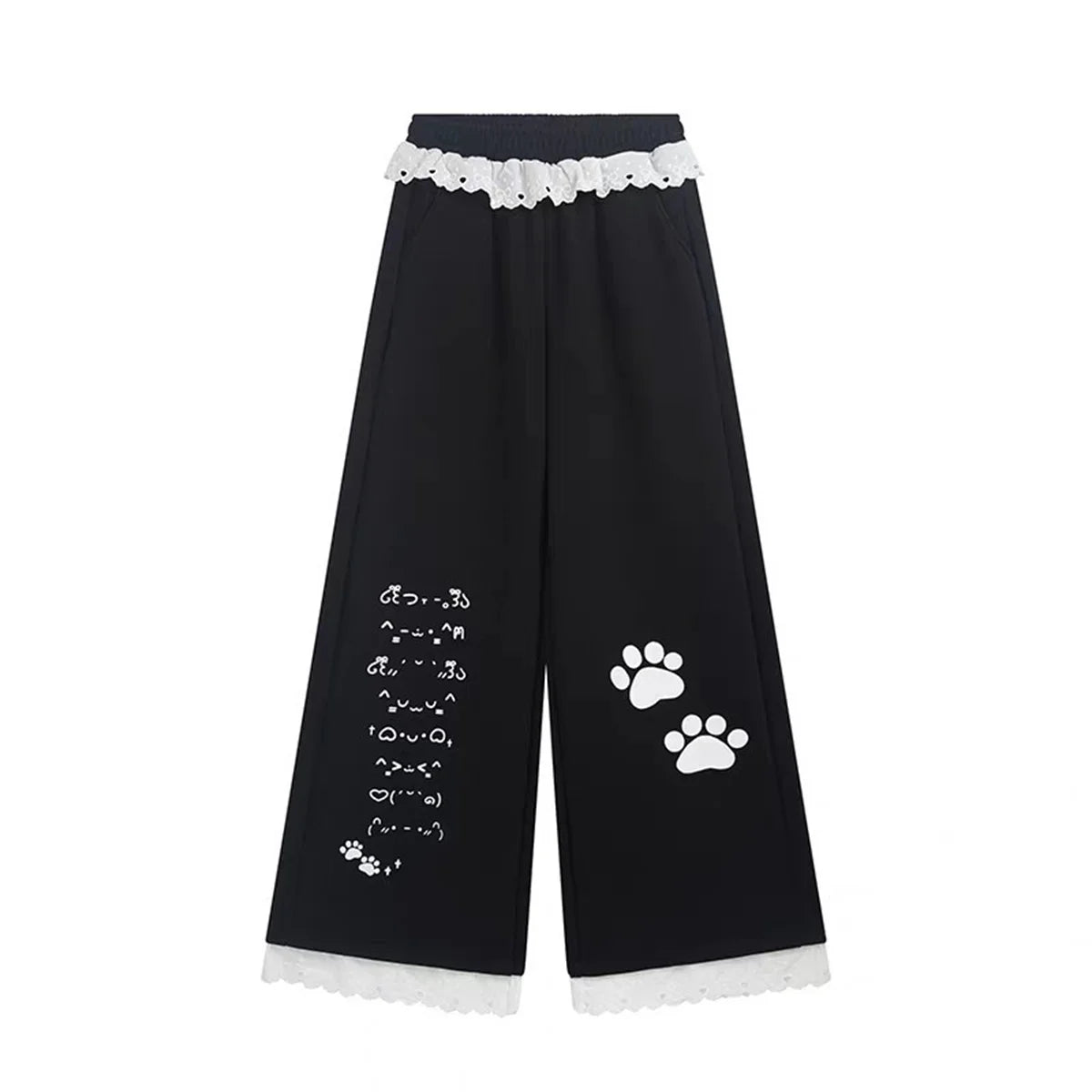Women's Wide Leg Pants with Paw Prints and Lace Waist Trim