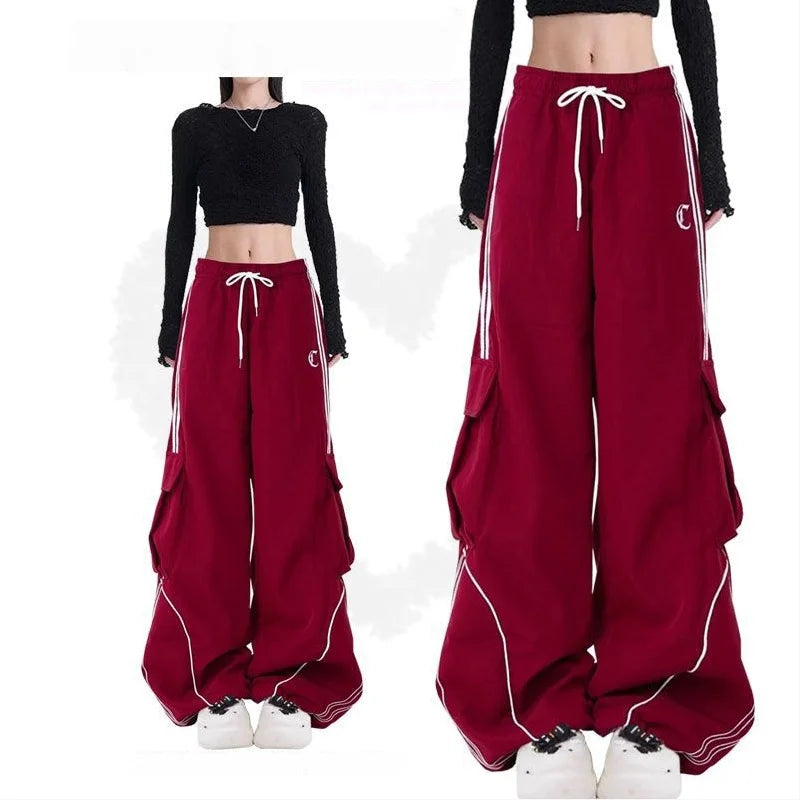 Women's Wide Leg Cargo Pants with Contrast Piping and Drawstring Waist
