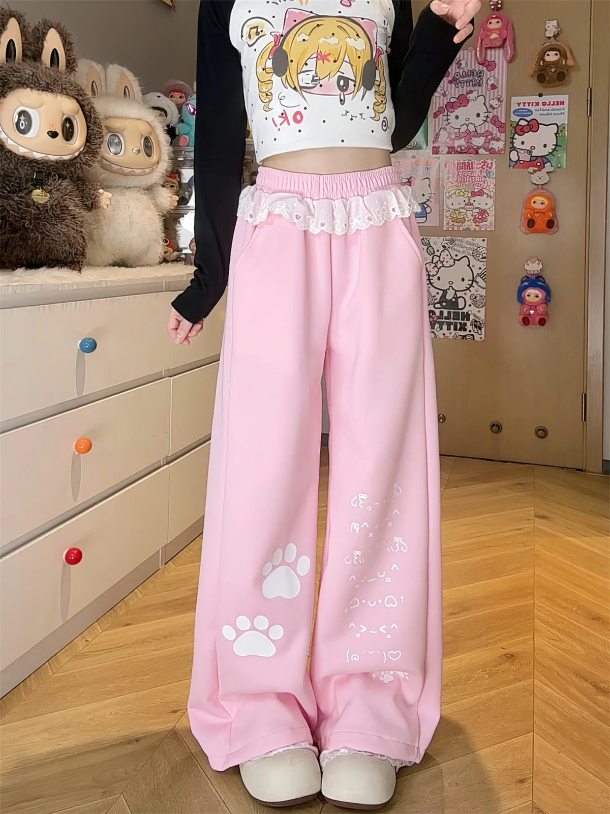 Women's Wide Leg Pants with Paw Prints and Lace Waist Trim