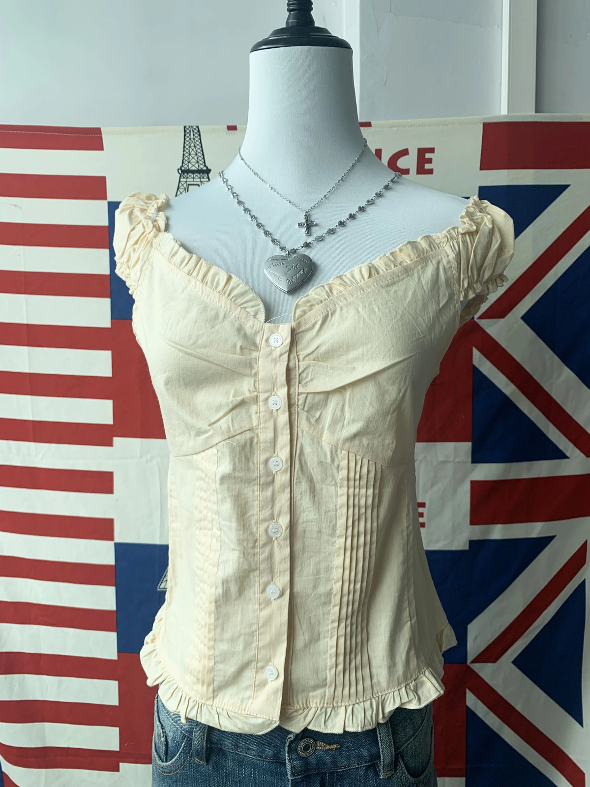 Women's Ruffled Cotton Sleeveless Blouse with Button Front and Mixed Pattern Options