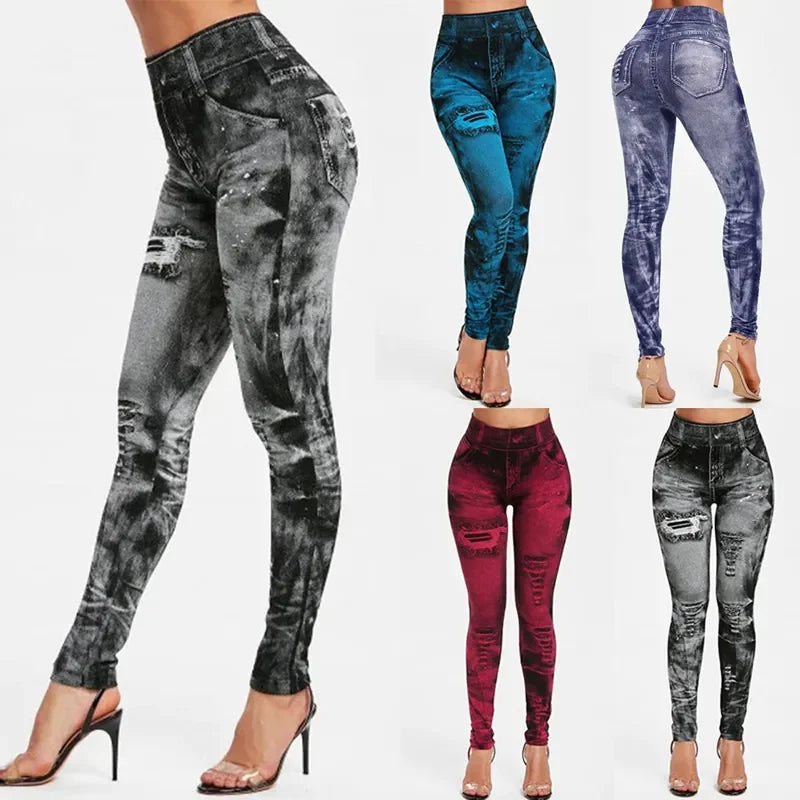 Women's High-Waist Denim-Print Ankle-Length Fitted Leggings