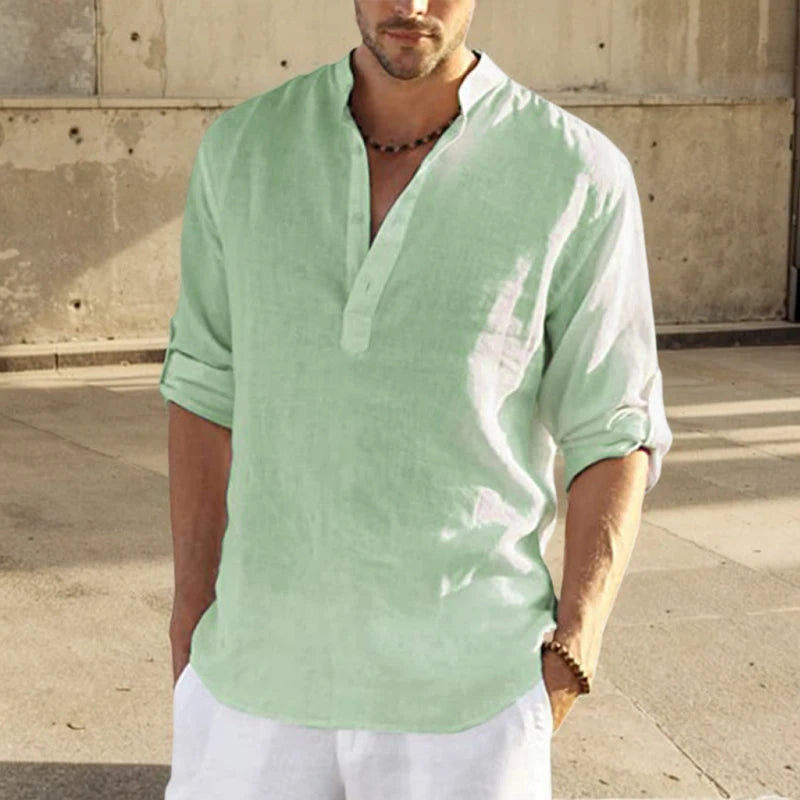Men's Long-Sleeve Stand-Collar Pullover Shirt with Partial Button Front for Casual Outfits