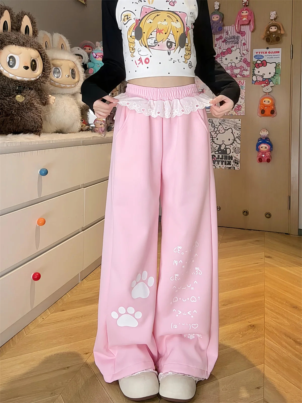 Women's Wide Leg Pants with Paw Prints and Lace Waist Trim