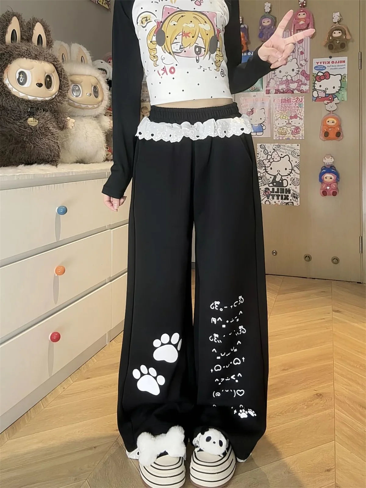 Women's Wide Leg Pants with Paw Prints and Lace Waist Trim
