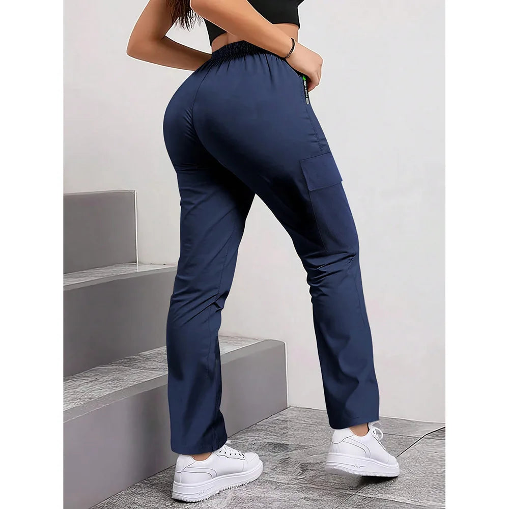 Women's Straight Cargo Pants with Zip Pockets and Adjustable Waist