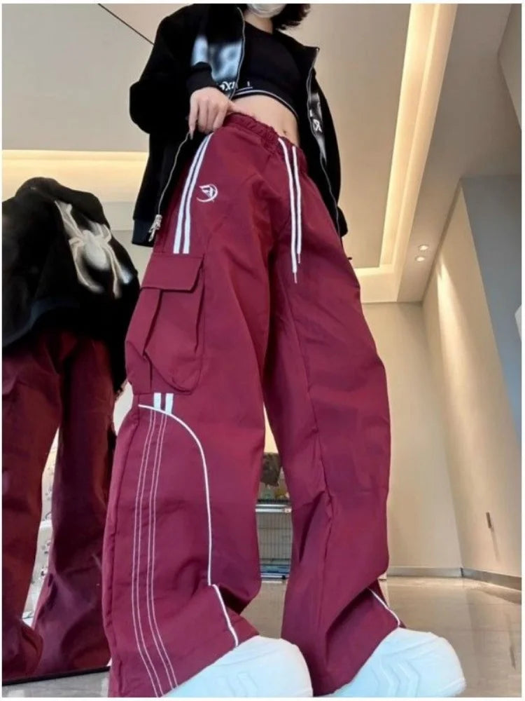 Women's Wide Leg Cargo Pants with Contrast Piping and Drawstring Waist