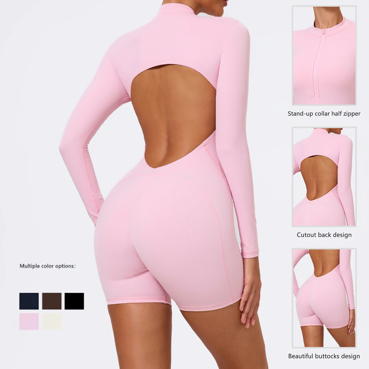 Women's Long Sleeve Nylon Blend Workout Romper with Half Zipper and Back Cutout