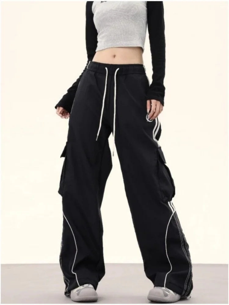 Women's Wide Leg Cargo Pants with Contrast Piping and Drawstring Waist