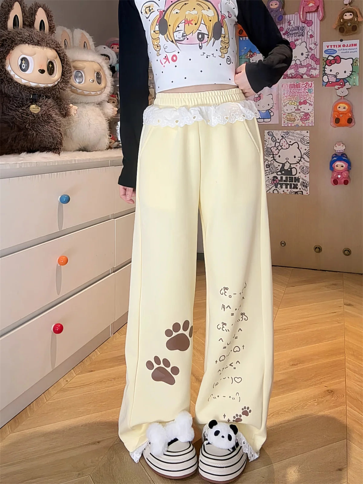 Women's Wide Leg Pants with Paw Prints and Lace Waist Trim