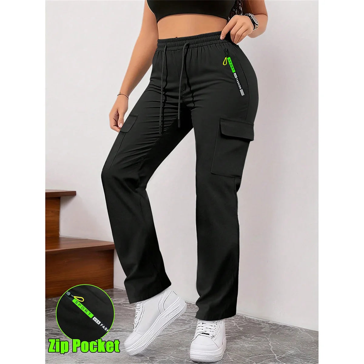Women's Straight Cargo Pants with Zip Pockets and Adjustable Waist