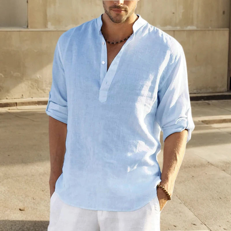 Men's Long-Sleeve Stand-Collar Pullover Shirt with Partial Button Front for Casual Outfits