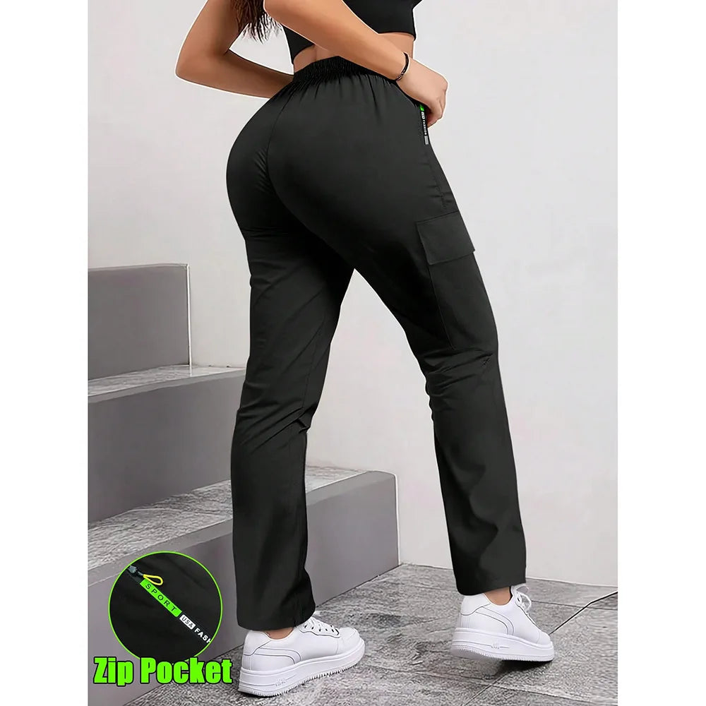 Women's Straight Cargo Pants with Zip Pockets and Adjustable Waist