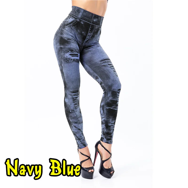 Women's High-Waist Denim-Print Ankle-Length Fitted Leggings