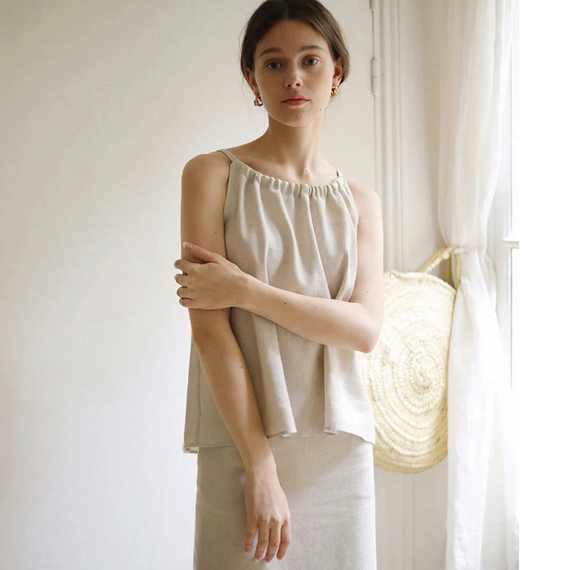 Women's Linen Sleeveless Tank Top with Gathered Neckline for Casual Summer Outfits