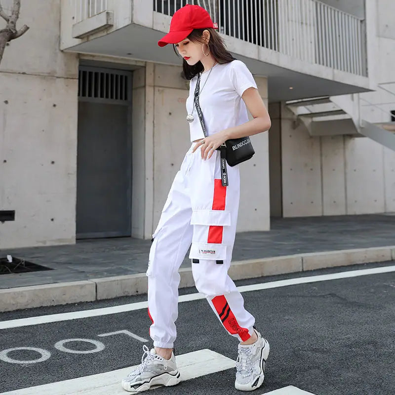 Women's Cargo Joggers with Contrast Panels and Printed Tab Styles