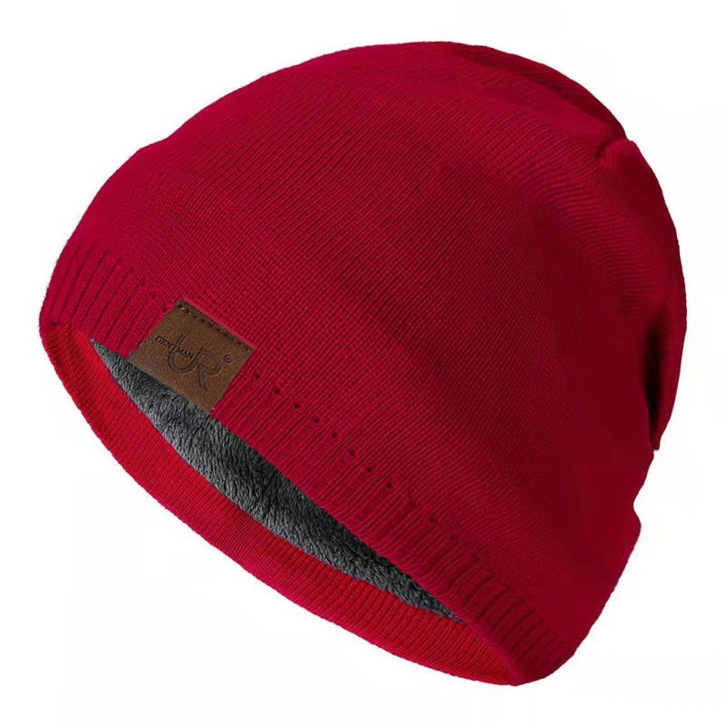 Solid Knit Beanie with Small Patch and Folded Edge