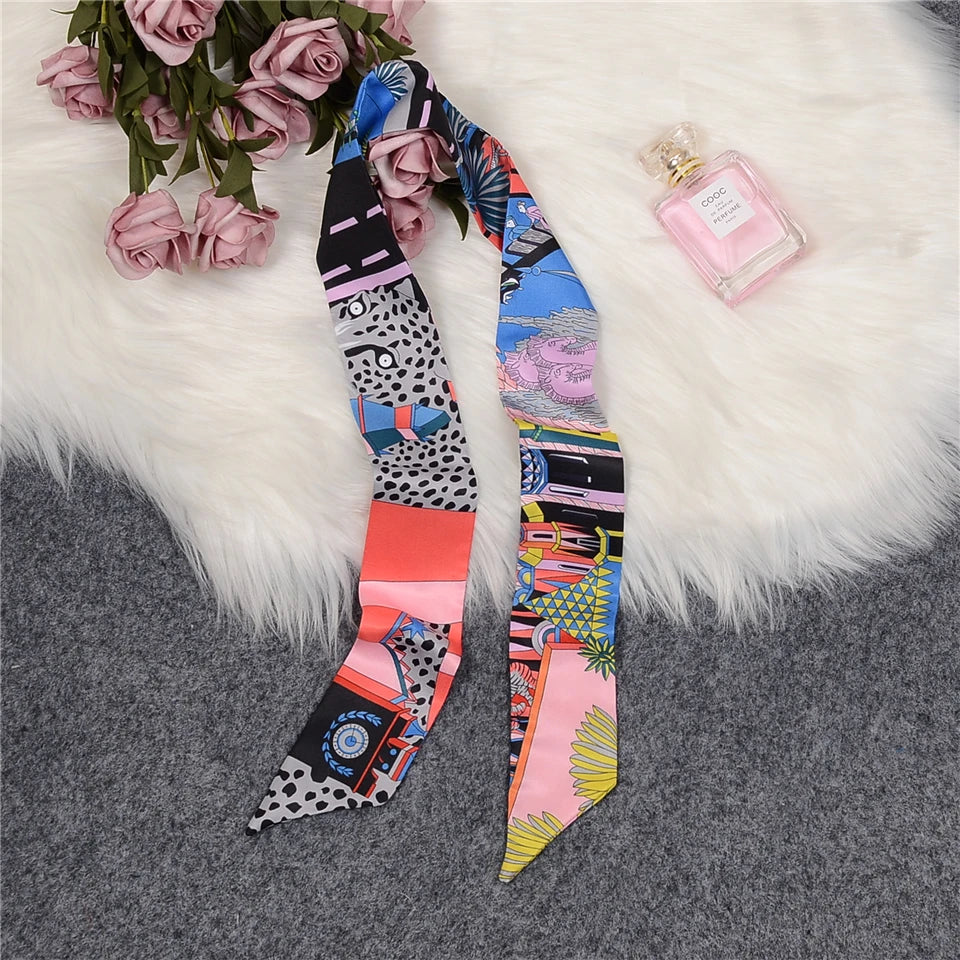 Horse Motif Skinny Ribbon Scarf with Printed Designs