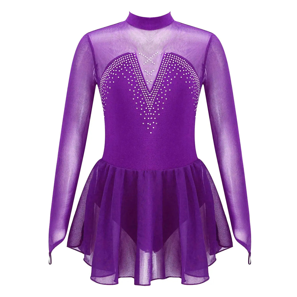Girls' Long Sleeve Ballet Dress with Rhinestone Mesh and Tulle Skirt