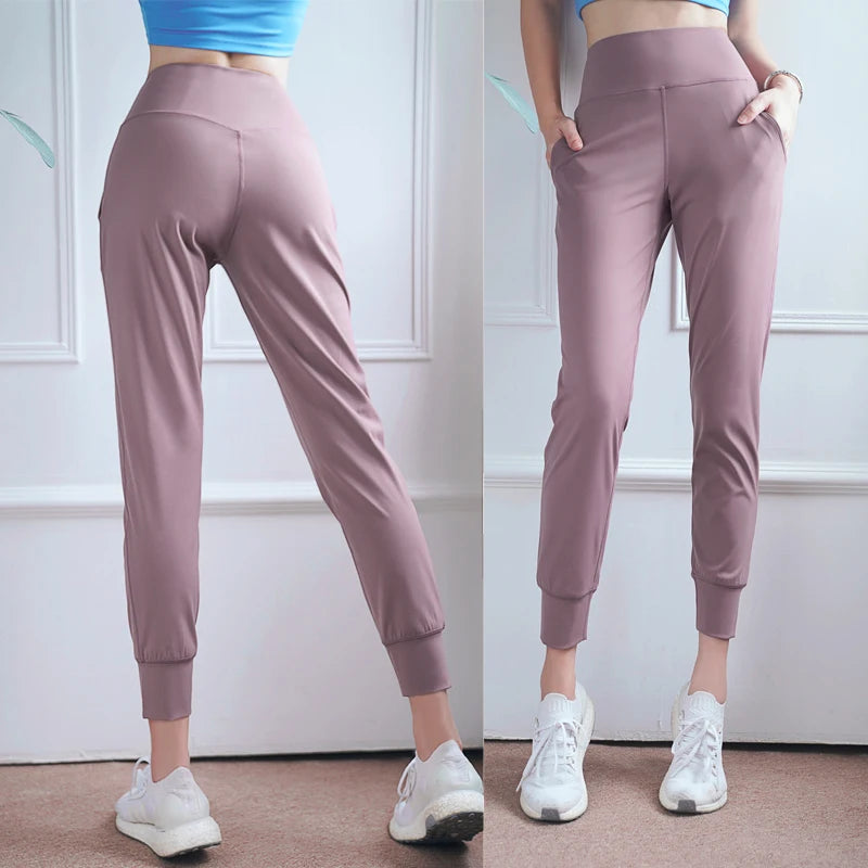 Women's High Waist Nylon Blend Workout Pants with Cuffed Ankles and Pockets
