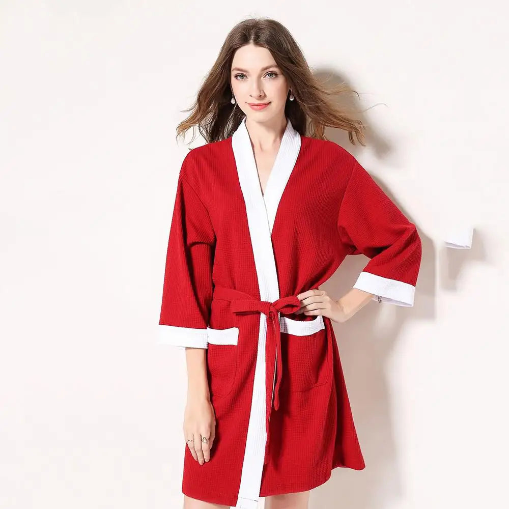 Waffle V Neck Contrast Trim Tie Waist Bathrobe with Pockets