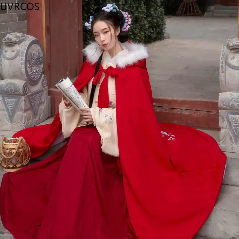 Embroidered Hooded Trim Cape for Layering over Outfits