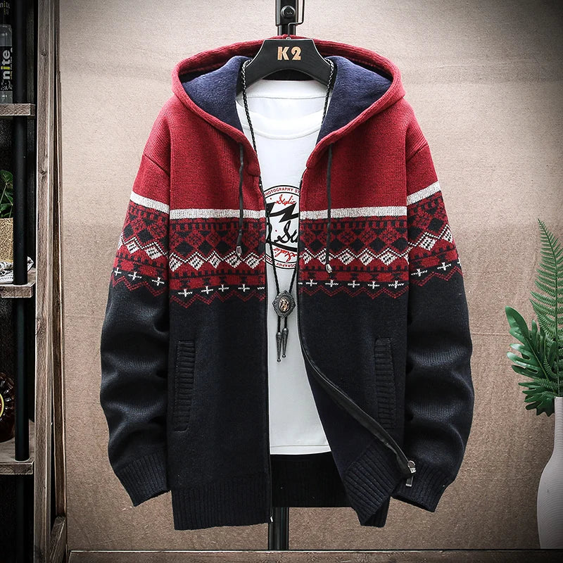 Men's Checked Hooded Zip Front Knit Cardigan