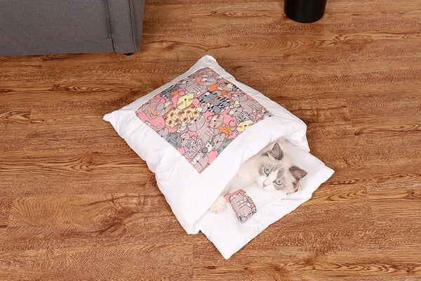 Japanese Cat Bed Warm Cat Sleeping Bag Deep Sleep Cave Winter Removable Pet House Bed for Cats Dogs Nest Cushion with Pillow