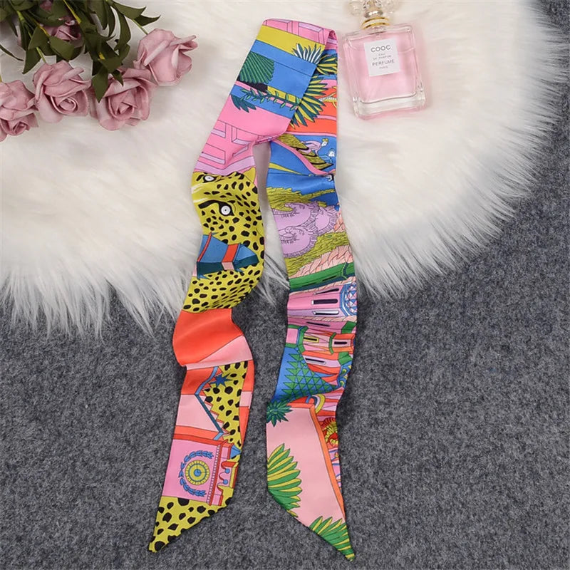 Horse Motif Skinny Ribbon Scarf with Printed Designs