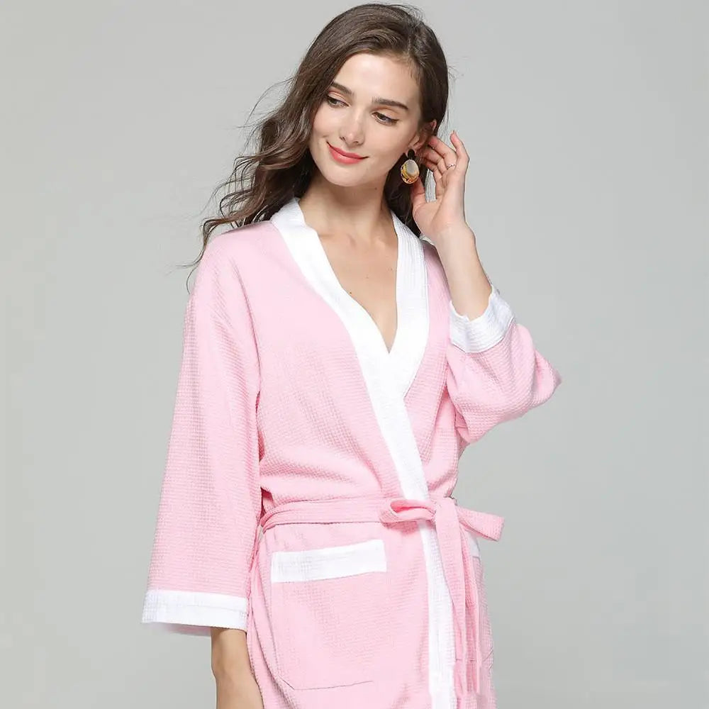 Waffle V Neck Contrast Trim Tie Waist Bathrobe with Pockets