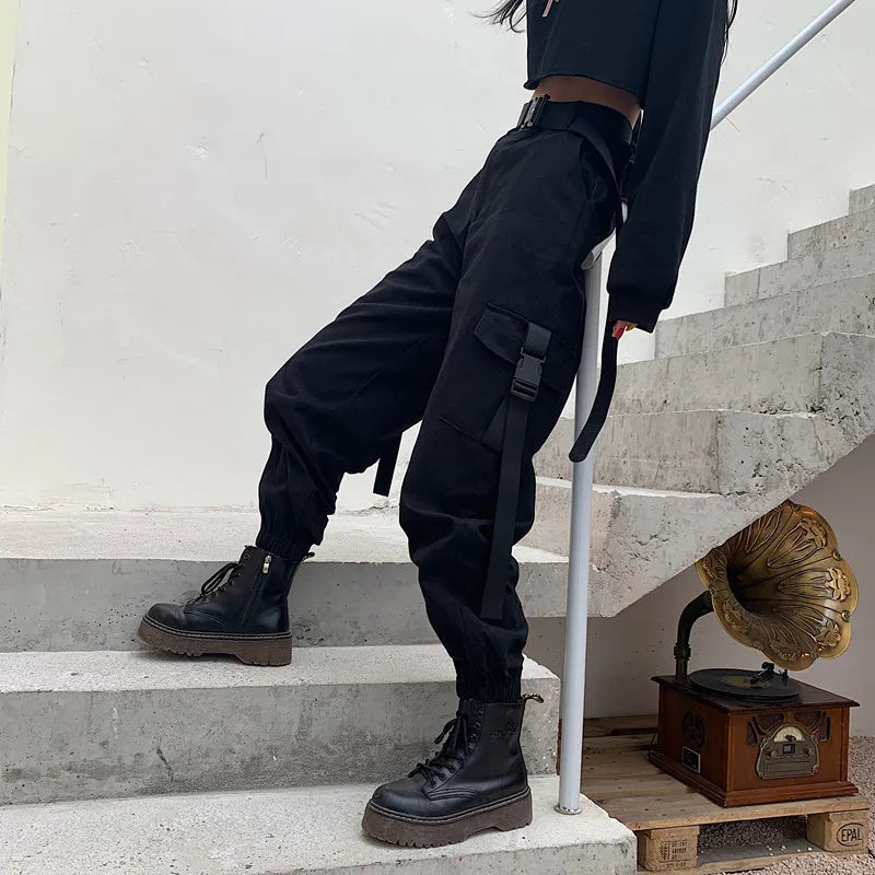 Women's Black Cargo Joggers with Straps and Elastic Ankle Cuffs