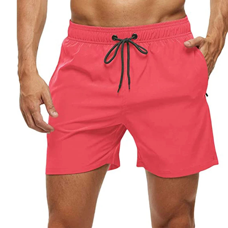 Men's Swim Shorts with Elastic Waist and Zipper Pockets for Beach and Pool Wear