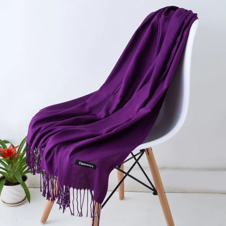 Solid Long Scarf with Decorative Fringed End Trim