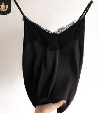 Women's Lace Trim Satin Polyester Camisole with Thin Straps and V Neck