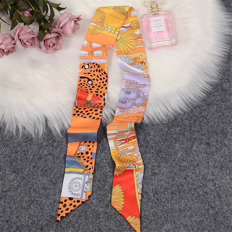 Horse Motif Skinny Ribbon Scarf with Printed Designs