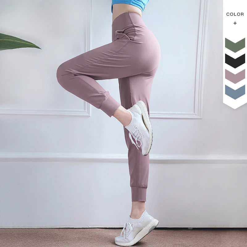 Women's High Waist Nylon Blend Workout Pants with Cuffed Ankles and Pockets
