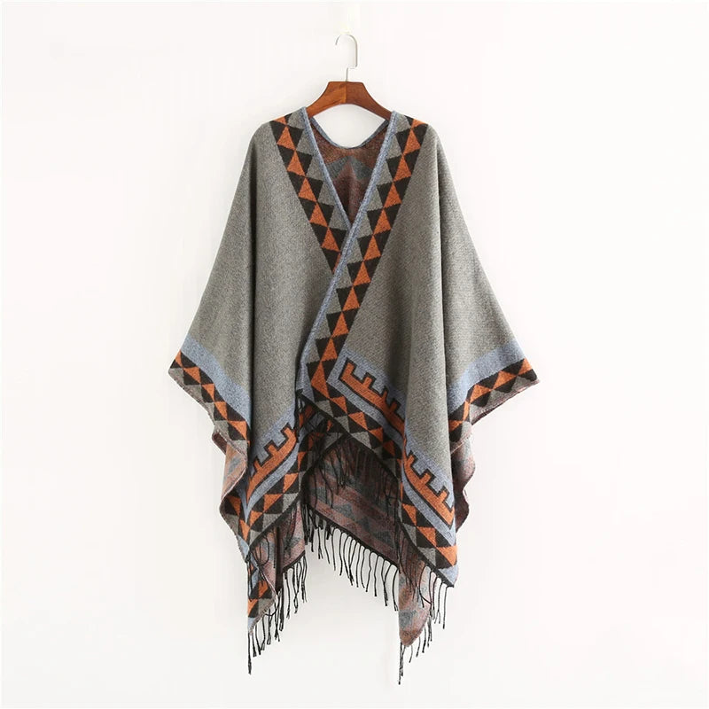 Geometric Pattern Fringed Poncho for Layering over Outfits