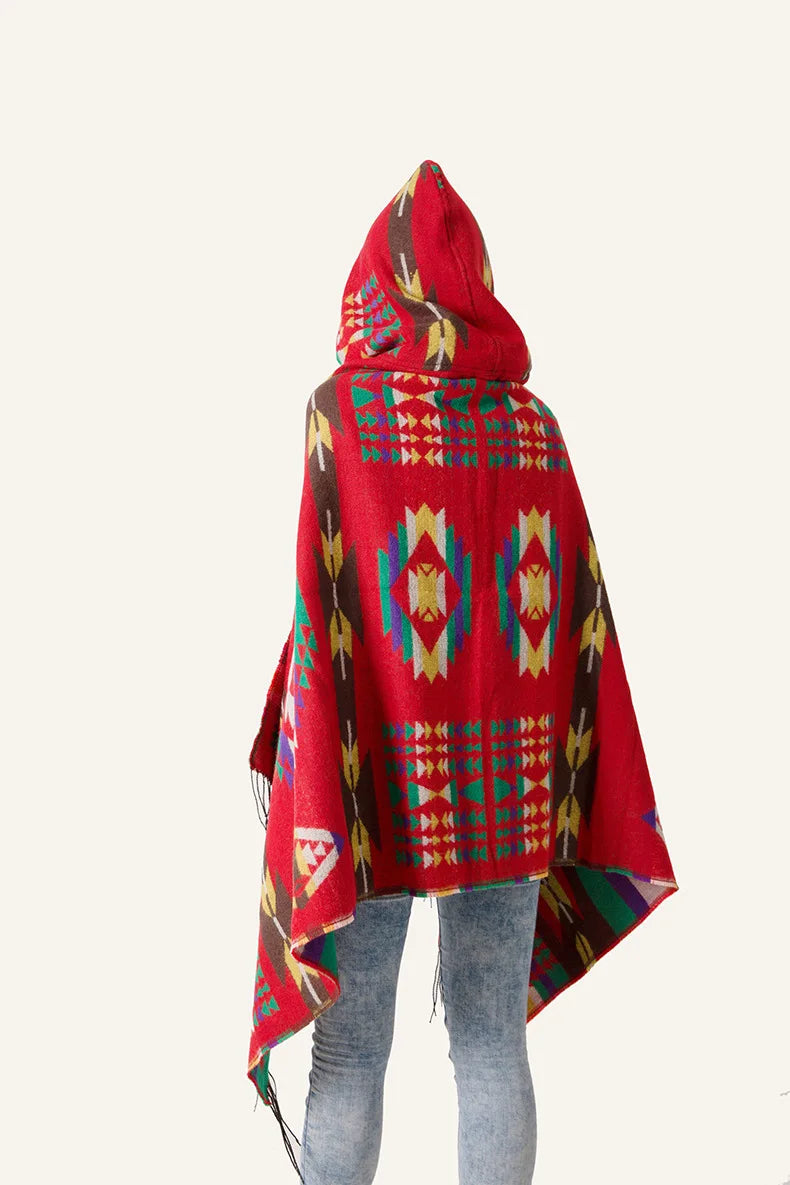Hooded Geometric Fringe Poncho for Layering over Outfits
