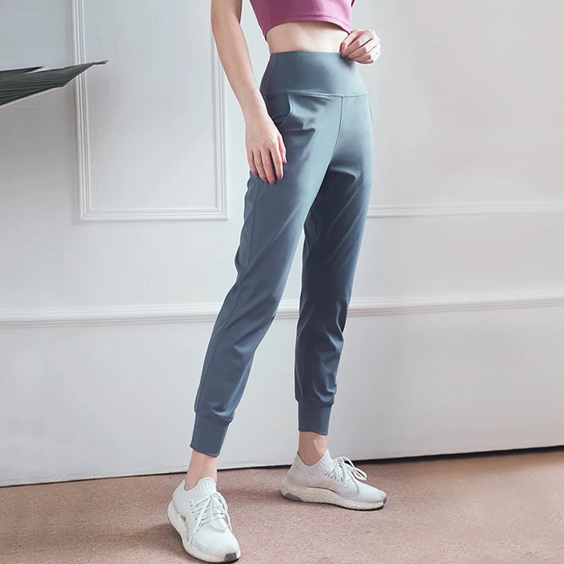 Women's High Waist Nylon Blend Workout Pants with Cuffed Ankles and Pockets