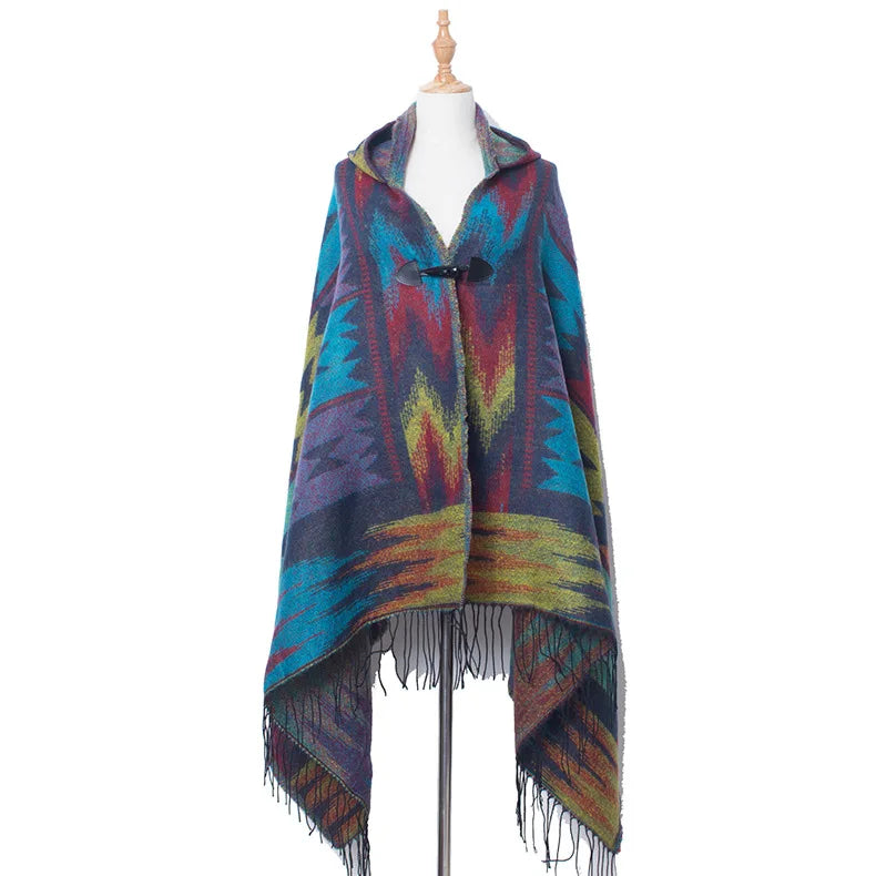 Hooded Geometric Fringe Poncho for Layering over Outfits