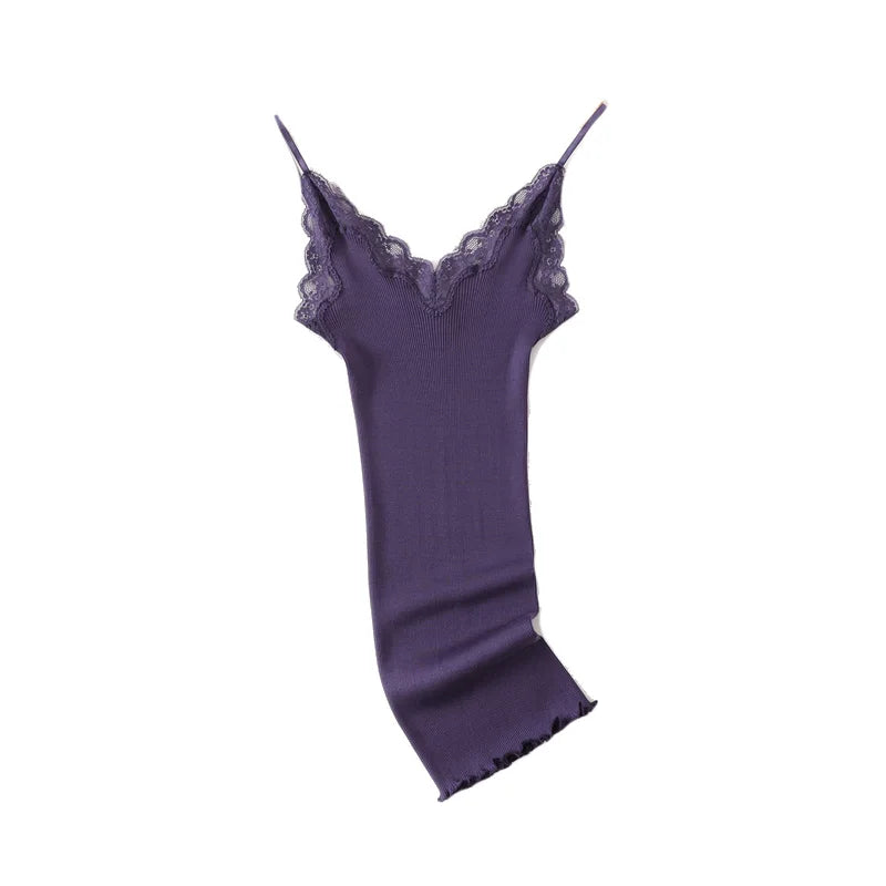 Women's Lace Trim Silk Cotton Blend Camisole with Adjustable Thin Straps