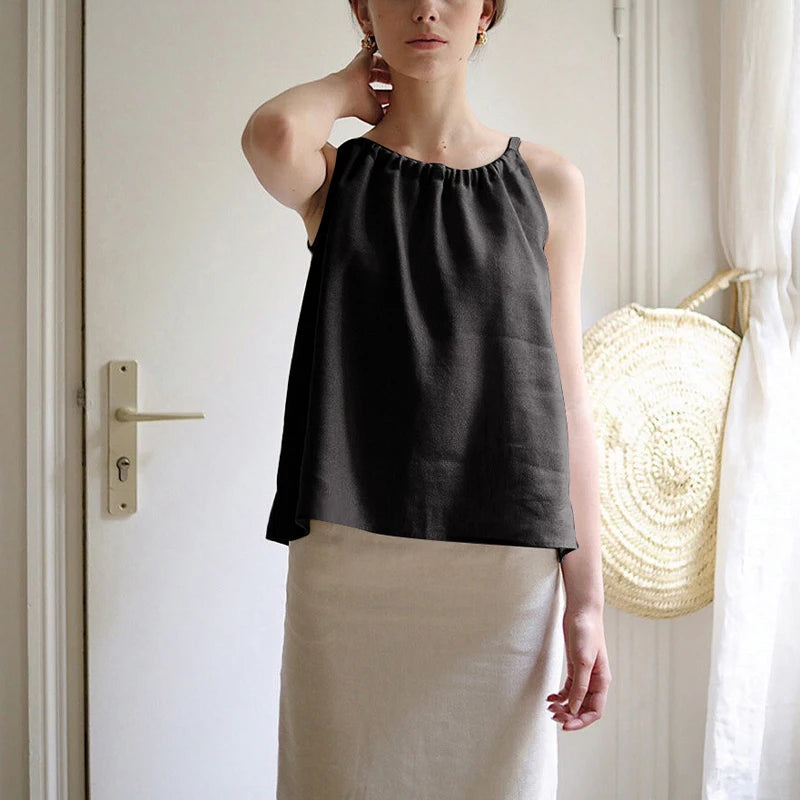 Women's Linen Sleeveless Tank Top with Gathered Neckline for Casual Summer Outfits