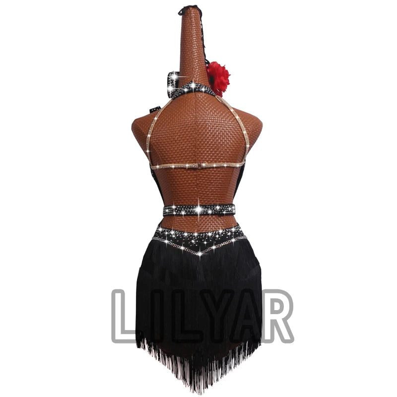 High Collar Rhinestone Fringe Latin Dance Dress with Custom Size Options