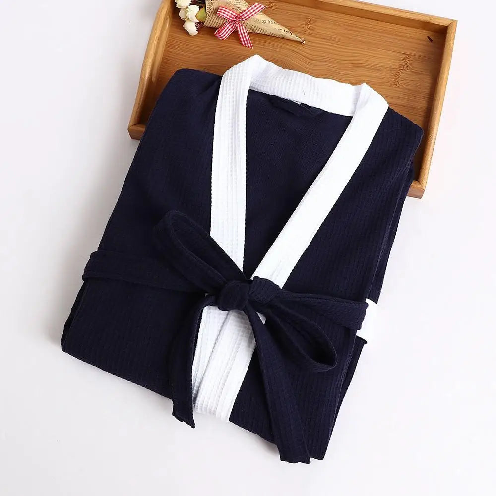 Waffle V Neck Contrast Trim Tie Waist Bathrobe with Pockets