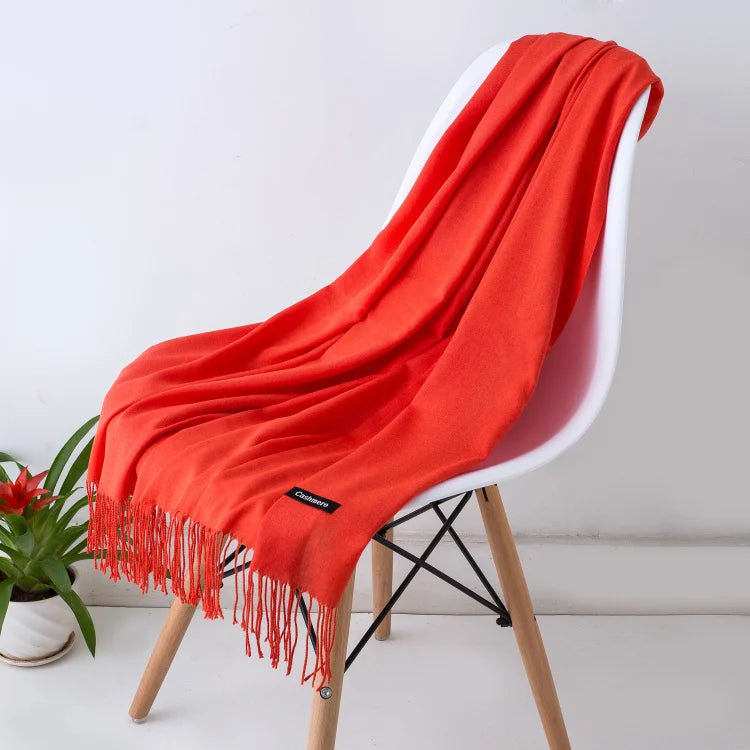 Solid Long Scarf with Decorative Fringed End Trim