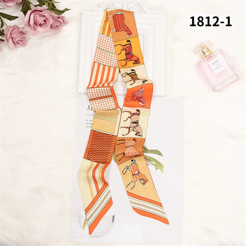 Horse Motif Skinny Ribbon Scarf with Printed Designs