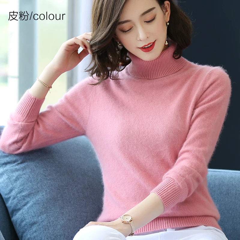 Women's Plain Roll Neck Long Sleeve Sweater Casual Knit Layer