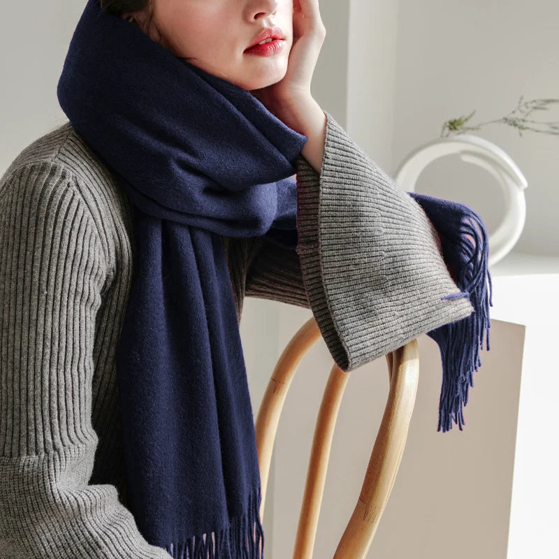 Solid Long Wool Scarf with Decorative Fringed Ends